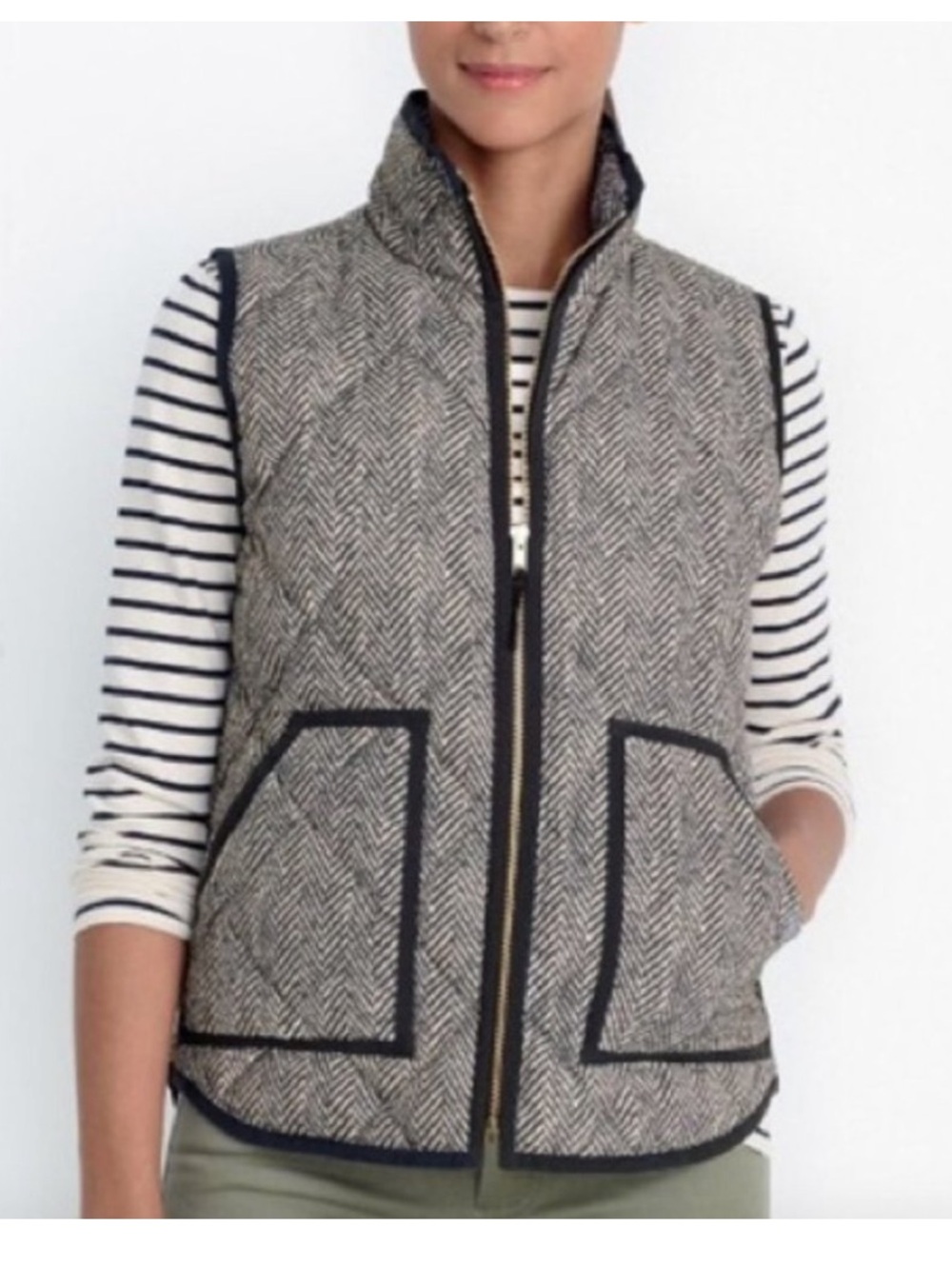J.Crew Excursion Quilted Down Vest in Herringbone Black & Cream Medium